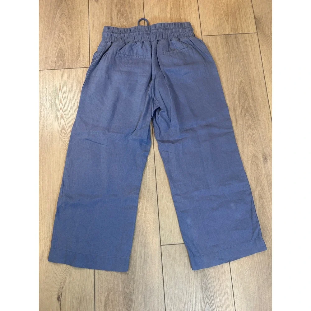 Quince Women Blue 100% Linen Wide Leg Cropped Drawstring Pants Size S